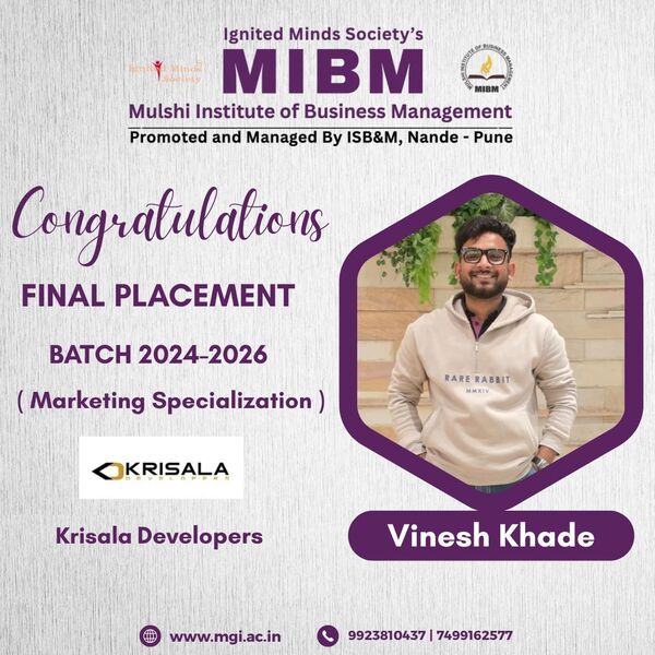 Congratulations to Vinesh Khade on getting placed in Krisala Developers