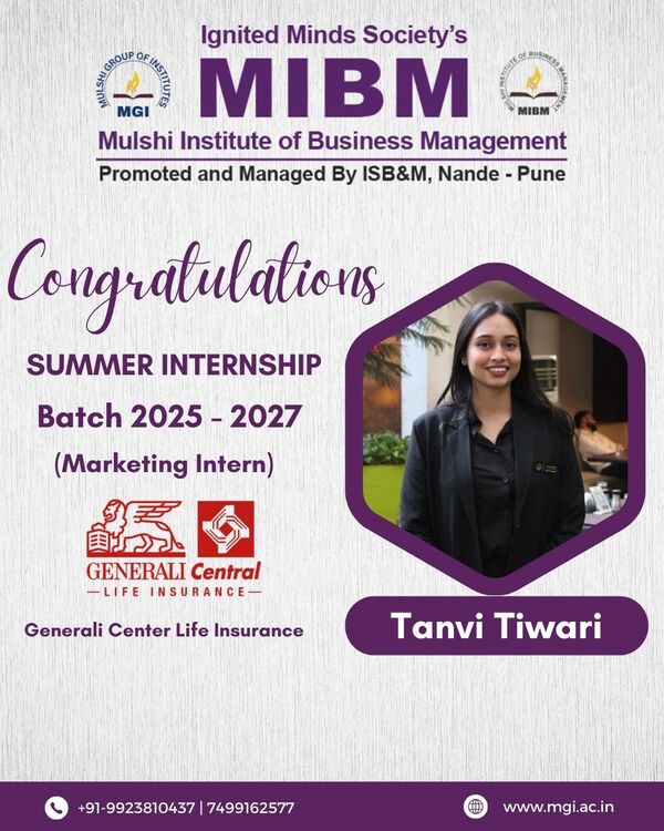 Congratulations to Tanvi Tiwari on getting summer internship in Generali Center Life Insurance